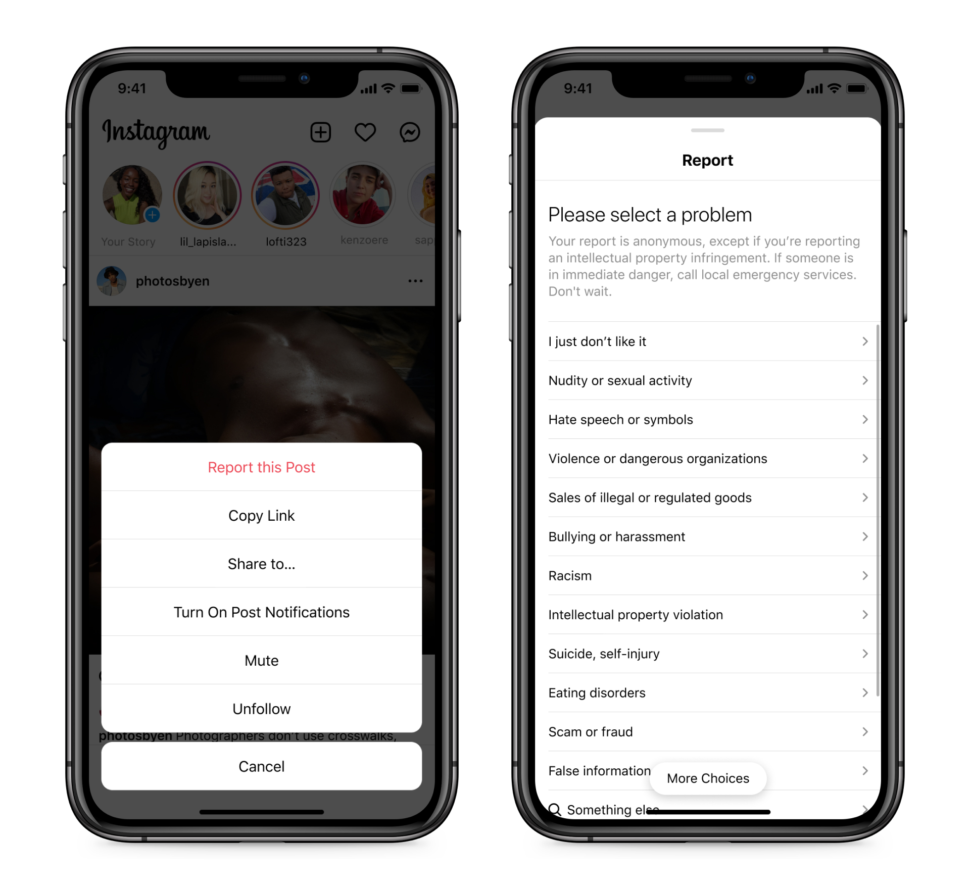 Screenshot of reporting on Instagram